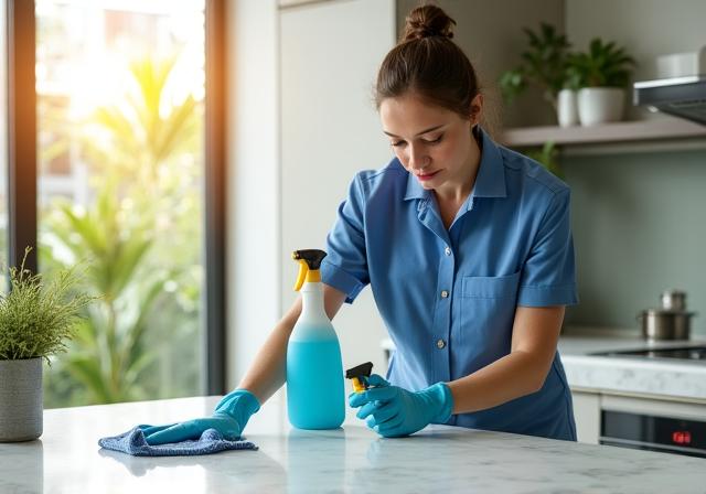 Profesional de limpieza utilizando productos ecológicos en un entorno moderno y luminoso